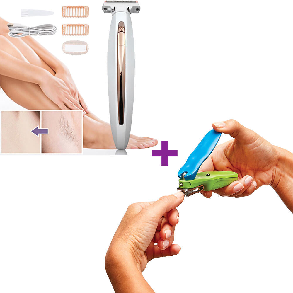 Pack Depiladora Afeitadora y Recortadora Bikini RECARGABLE USB & Cortauñas Con Luz